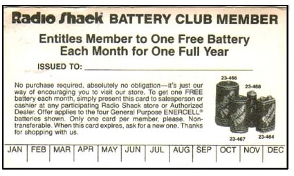 Radio Shack Battery of the Month card